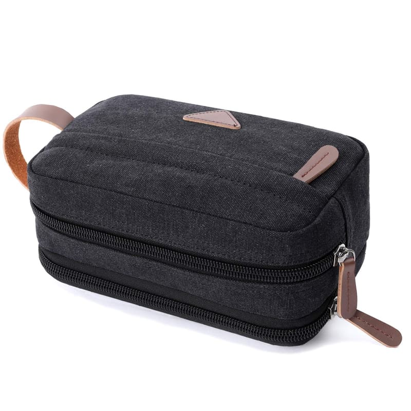 Men's Canvas Leather Travel Toiletry Bag with Double Compartments