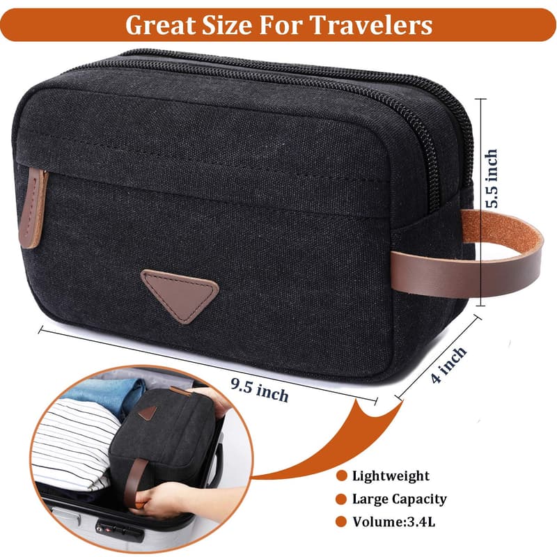 Men's Canvas Leather Travel Toiletry Bag with Double Compartments