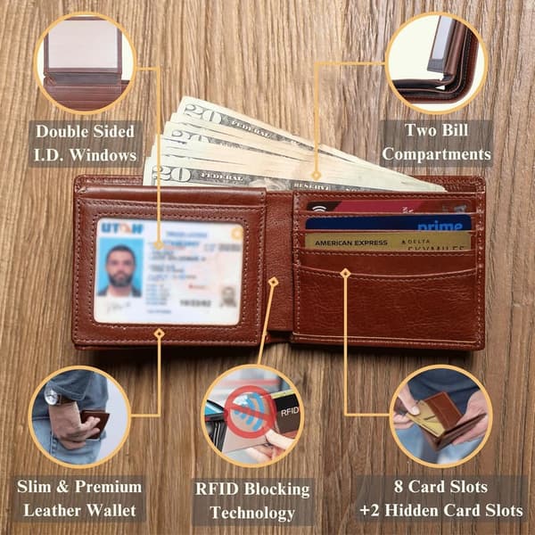 Men's RFID Blocking Bifold Wallet - Brown Full Grain Leather