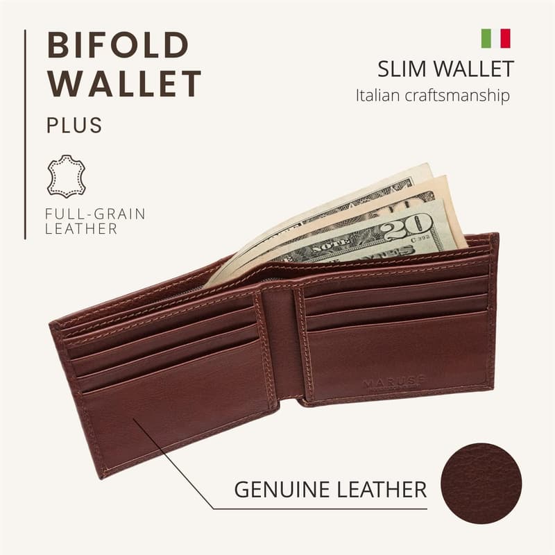 Genuine Italian Calf Leather Slim Bifold Wallet for Men
