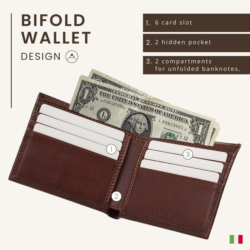 Genuine Italian Calf Leather Slim Bifold Wallet for Men