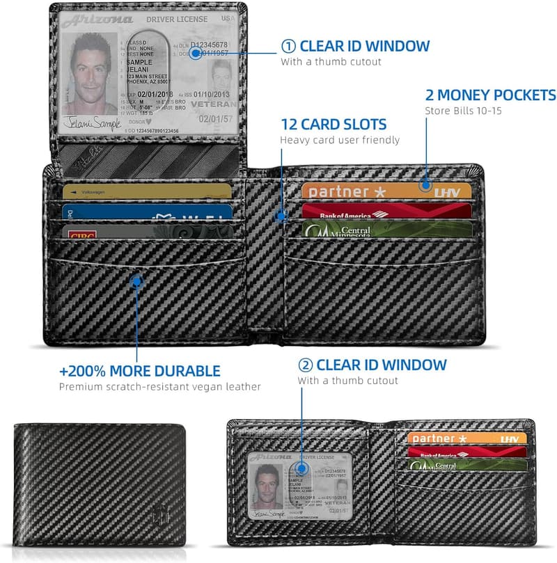 Men's Slim RFID Blocking Bifold Wallet with 12 Card Slots