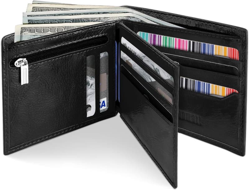 Men's RFID Blocking Genuine Leather Bifold Wallet with Coin Pocket