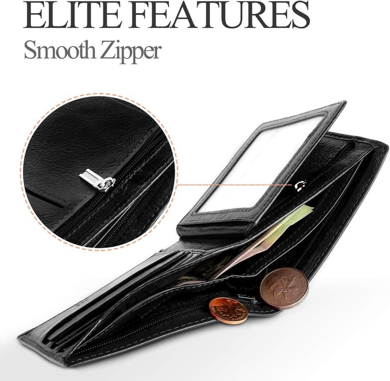 Men's RFID Blocking Genuine Leather Bifold Wallet with Coin Pocket