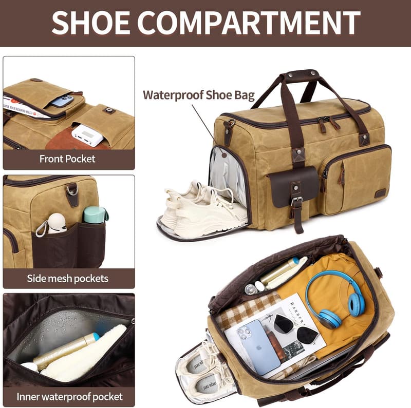 Brown Travel Duffle Bag with Shoe Compartment for Men