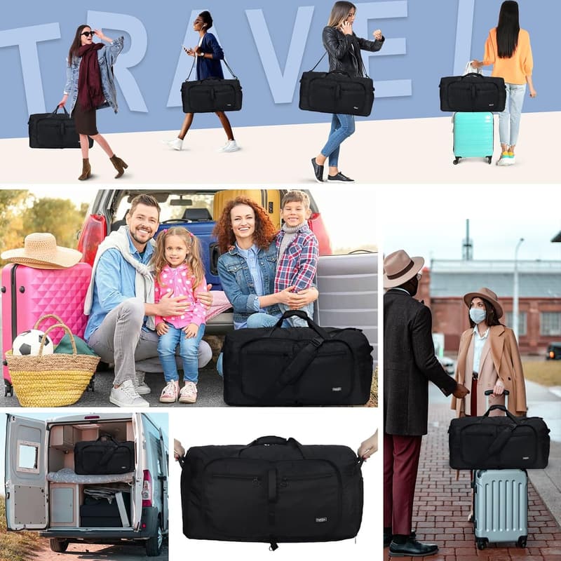 Packable 65L Travel Duffle Bag with Shoe Compartment - Black