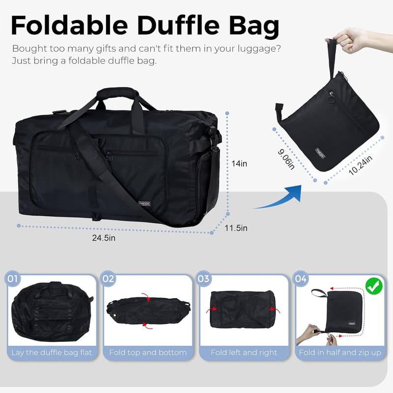 Packable 65L Travel Duffle Bag with Shoe Compartment - Black