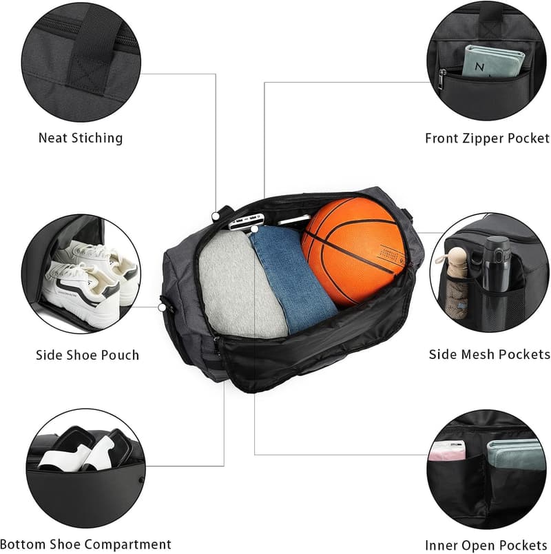 Travel Gym Duffel Bag for Men and Women with Wet Pocket - Black