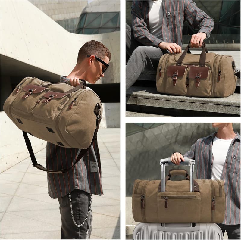 Expandable Canvas & Genuine Leather Travel Duffel Bag