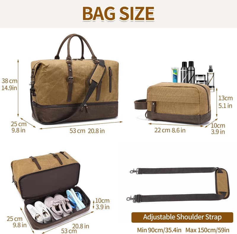 Large Canvas Weekender Bag with Shoe Compartment for Travel