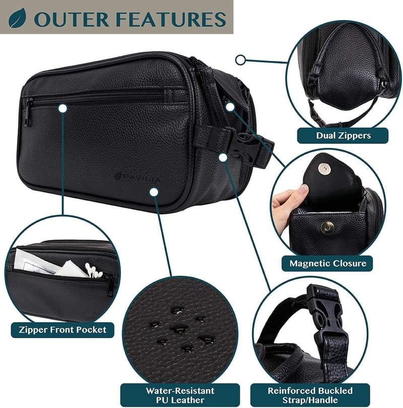 Men's Travel Dopp Kit - Water-Resistant PU Leather Toiletry Bag