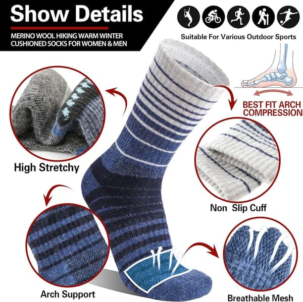 Thermal Merino Wool Hiking Socks - 5 Pairs for Outdoors