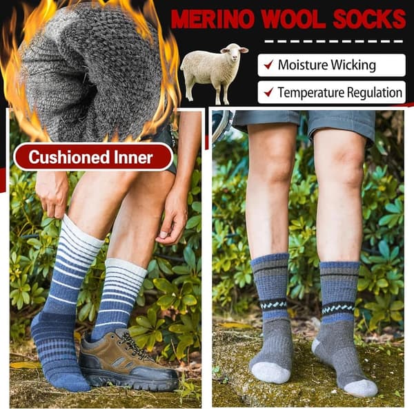 Thermal Merino Wool Hiking Socks - 5 Pairs for Outdoors