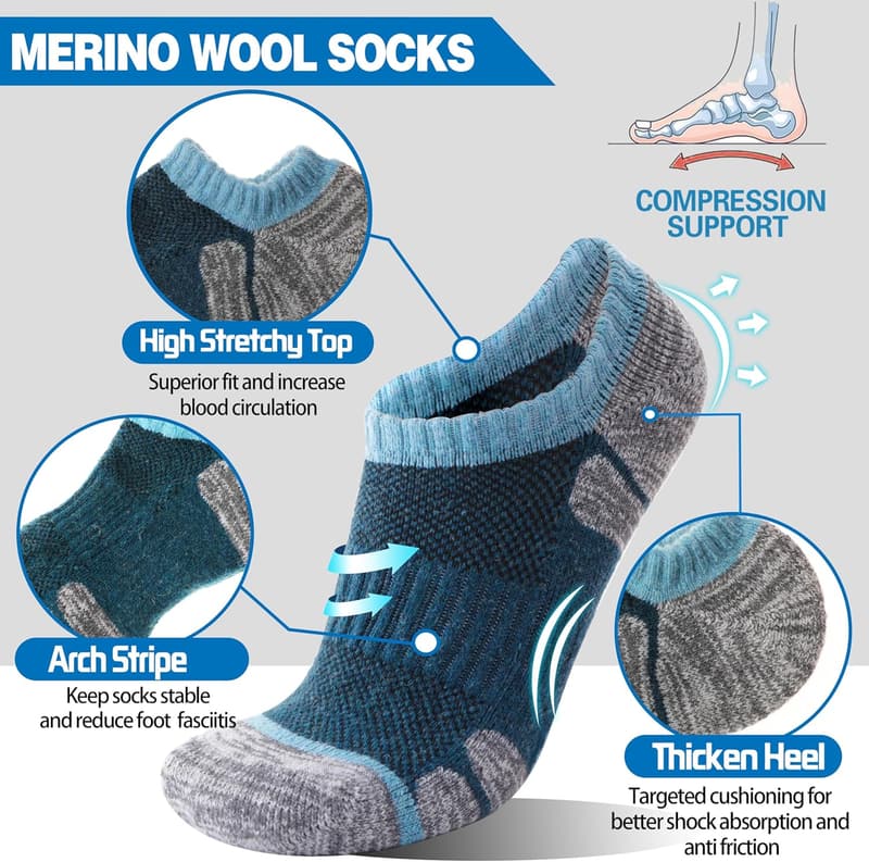 Thermal Merino Wool No Show Socks for Men & Women - 6 Pairs