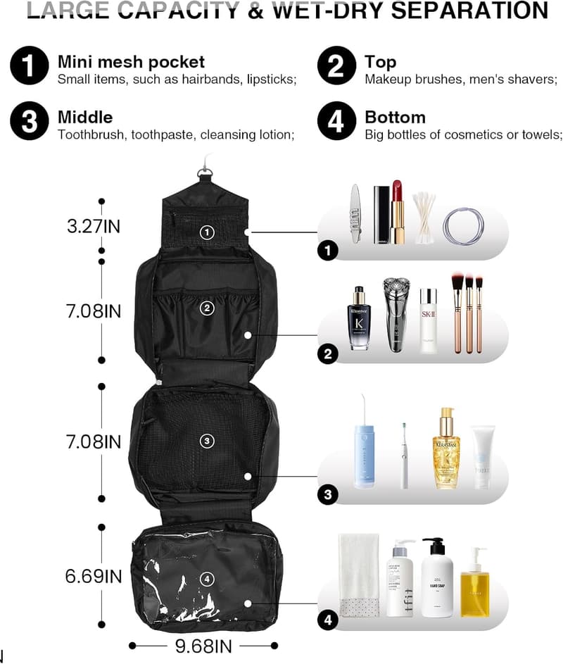 Portable Hanging Toiletry Bag for Women & Men - Large Organizer