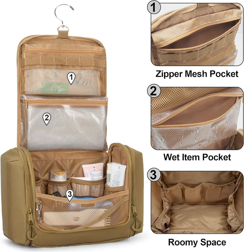 Men's Tactical Hanging Toiletry Bag - Khaki Travel Organizer