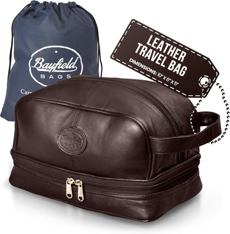 Brown Leather Dopp Kit for Men - Spacious Toiletry Bag