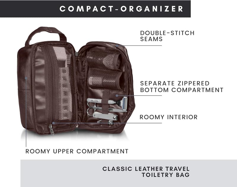 Brown Leather Dopp Kit for Men - Spacious Toiletry Bag