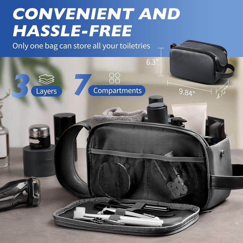 Water Resistant Leather Travel Toiletry Bag for Women & Men