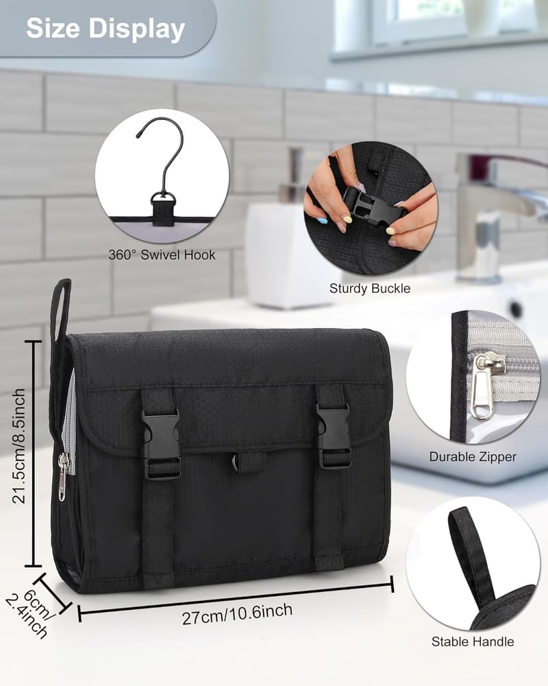 Travel Toiletry Bag Organizer - Waterproof Makeup Case - Black