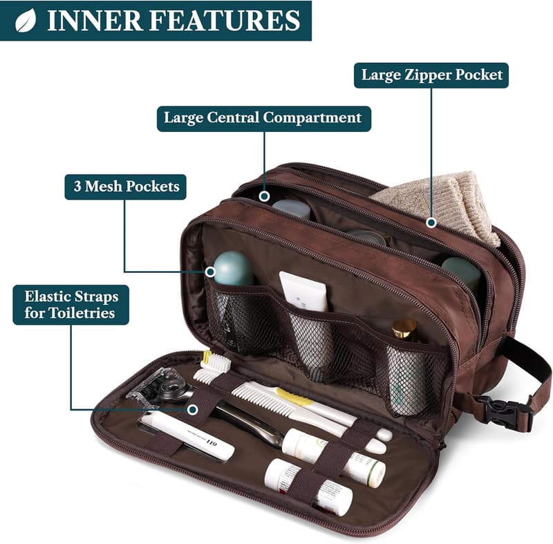 Travel Toiletry Bag for Men - Water-Resistant PU Leather Dopp Kit
