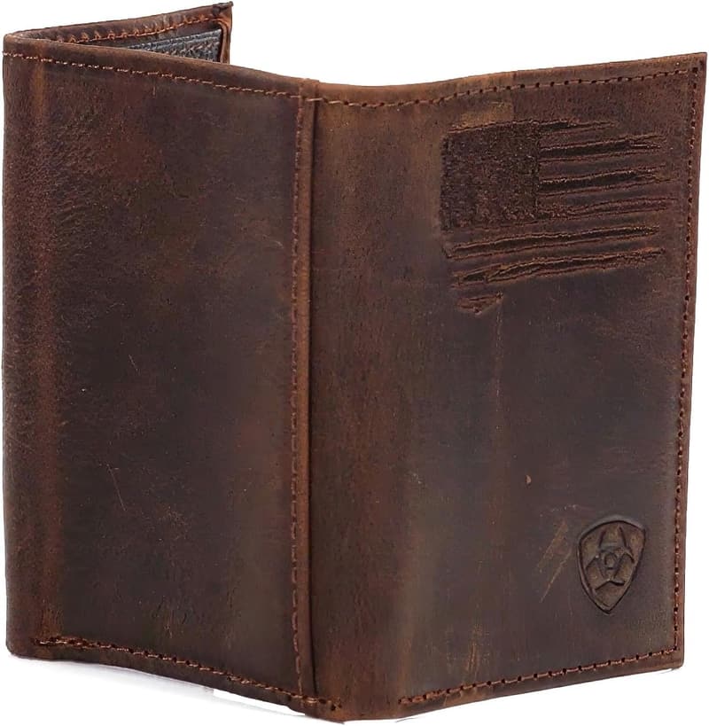Men's Distressed Leather Trifold Wallet with USA Flag Design