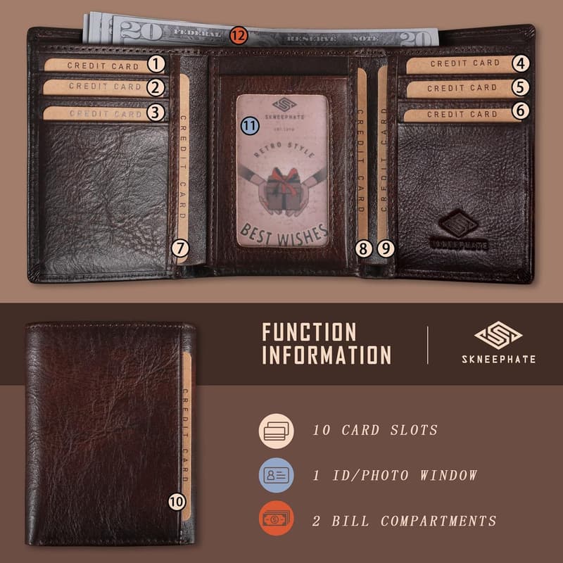 Leather RFID-Blocking Trifold Wallet for Men - Gift for Him