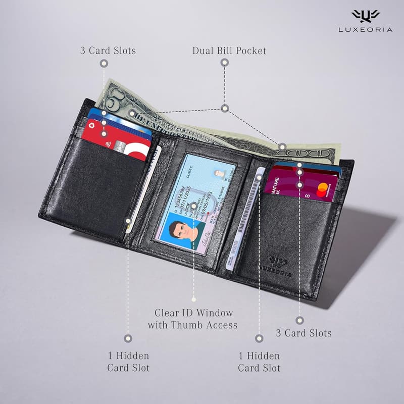 Men's RFID Blocking Leather Travel Wallet - Slim Trifold, Black