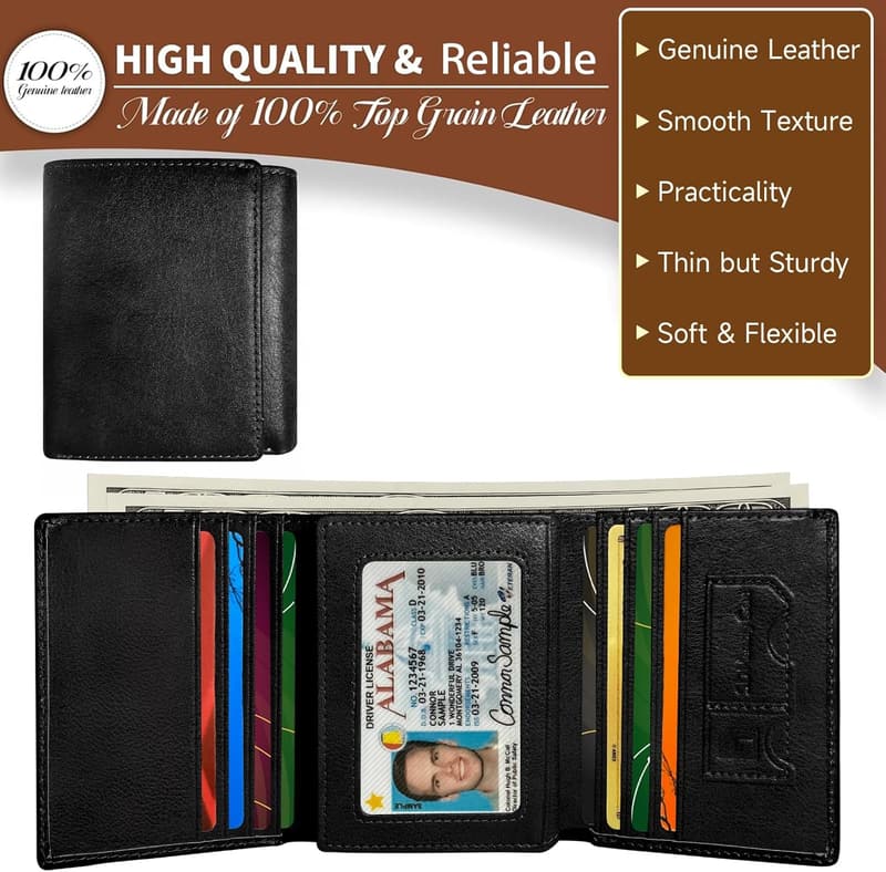 RFID Blocking Leather Trifold Wallet for Men with 10 Card Slots