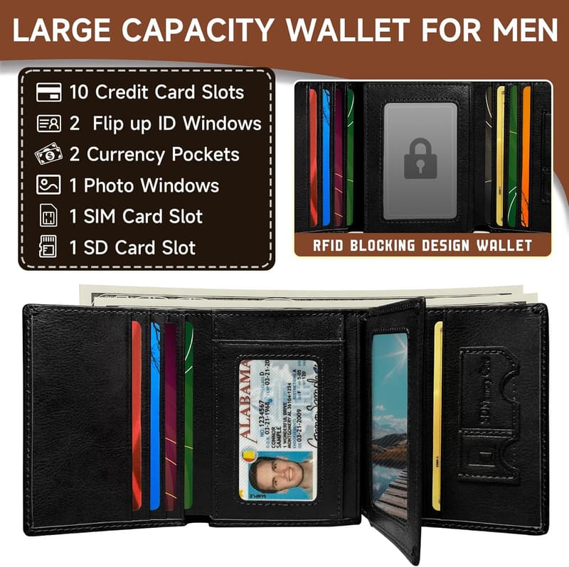 RFID Blocking Leather Trifold Wallet for Men with 10 Card Slots
