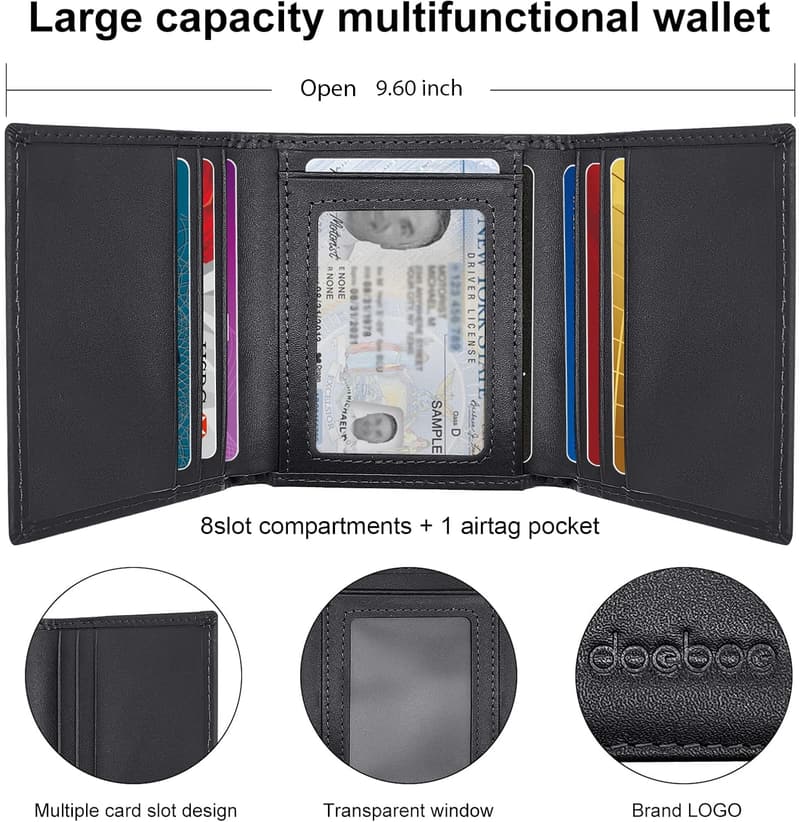 Men's Genuine Leather RFID Trifold Wallet with Airtag Slot