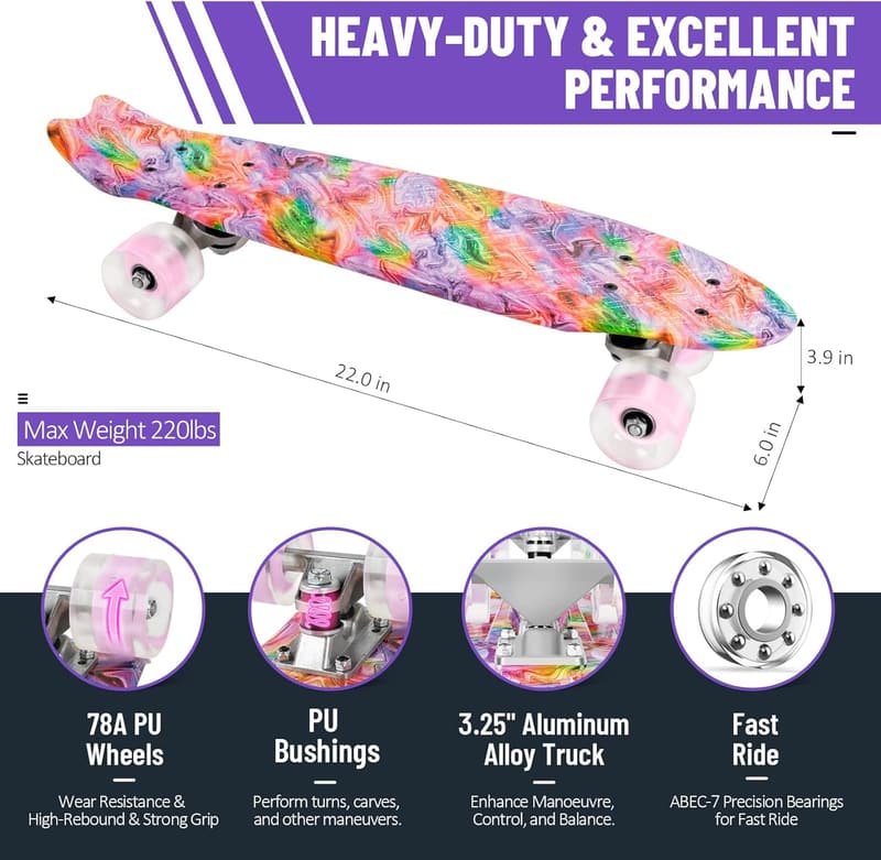 Cruiser Skateboard for Kids and Beginners, 22-inch, Max Load 220 LBS