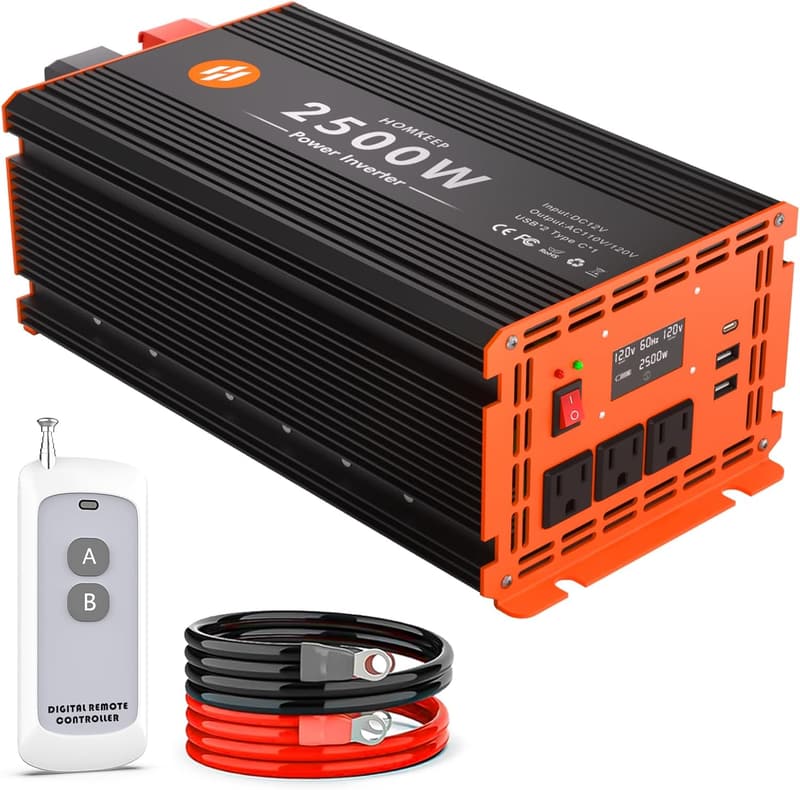 2500W Car Power Inverter with LCD, 3 AC & 2 USB Outlets
