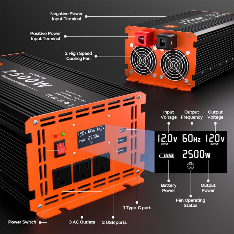 2500W Car Power Inverter with LCD, 3 AC & 2 USB Outlets