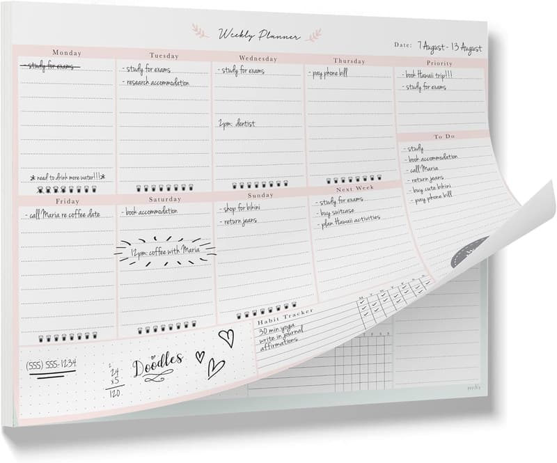 Peachly Undated Weekly Planner Notepad with 60 Tear-Off Pages