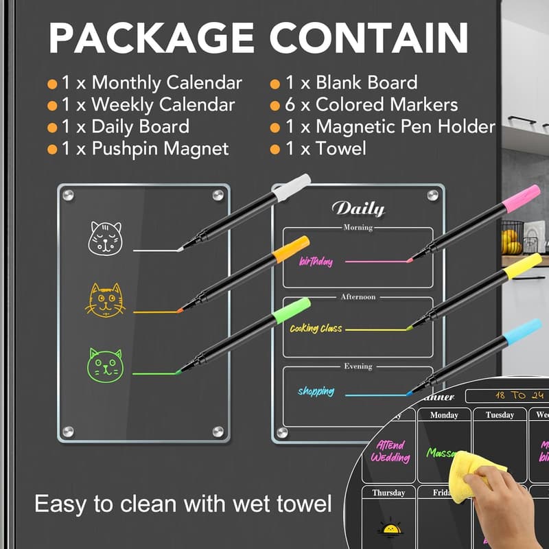 Magnetic Dry Erase Fridge Calendar Set with Markers - 4 Pack