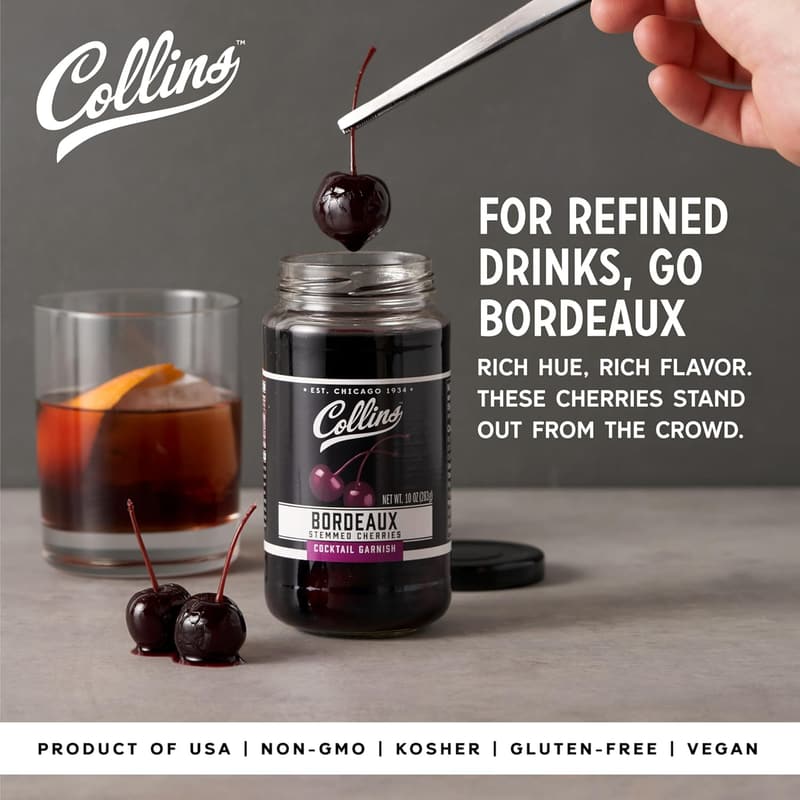 Premium Bordeaux Stemmed Cherries - Dark Cherry Cocktail Garnish, 10oz