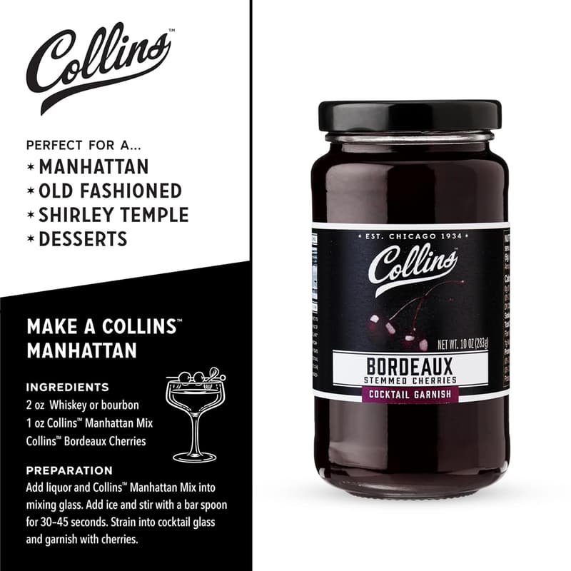 Premium Bordeaux Stemmed Cherries - Dark Cherry Cocktail Garnish, 10oz
