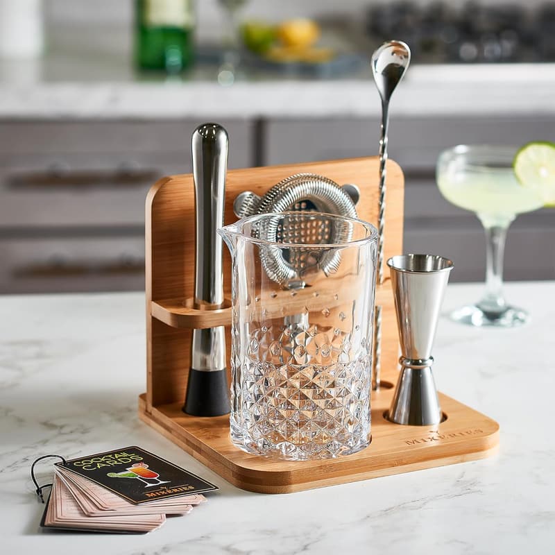 Cocktail Mixing Glass Set with Bamboo Stand 22 Oz - Bar Accessories