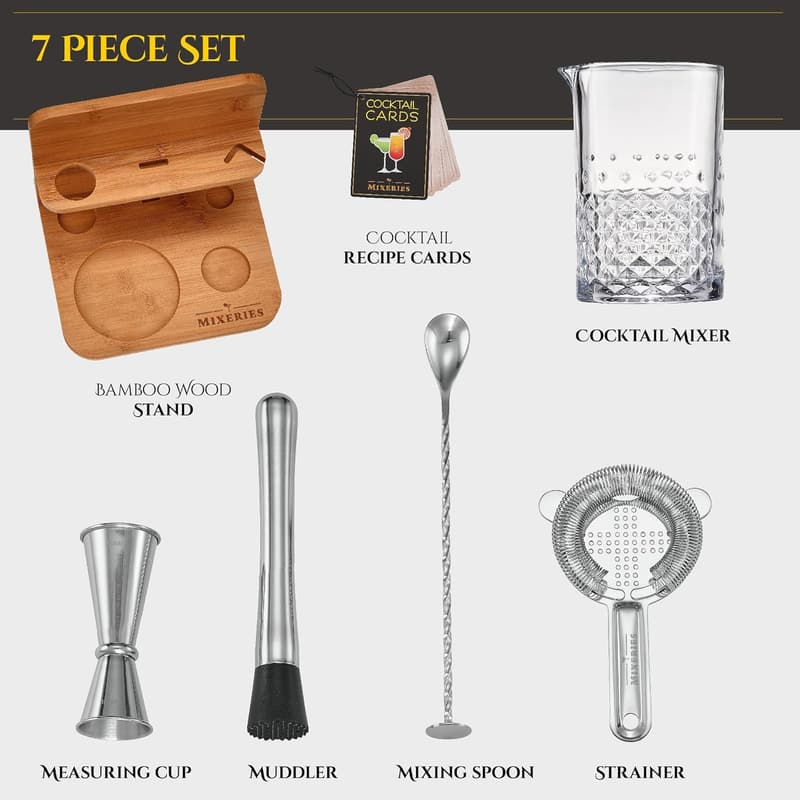 Cocktail Mixing Glass Set with Bamboo Stand 22 Oz - Bar Accessories