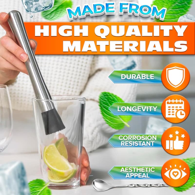 Cocktail Stir Spoon Muddler Set - Stainless Steel Bar Tool