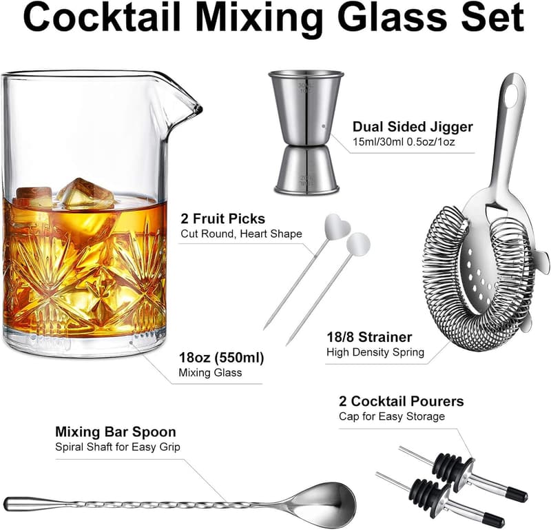 Cocktail Set with 18oz Crystal Mixing Glass & Bar Tools