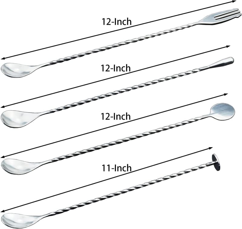 Stainless Steel Cocktail Mixing Spoons - 12-Inch Bar Set (4 Pcs)