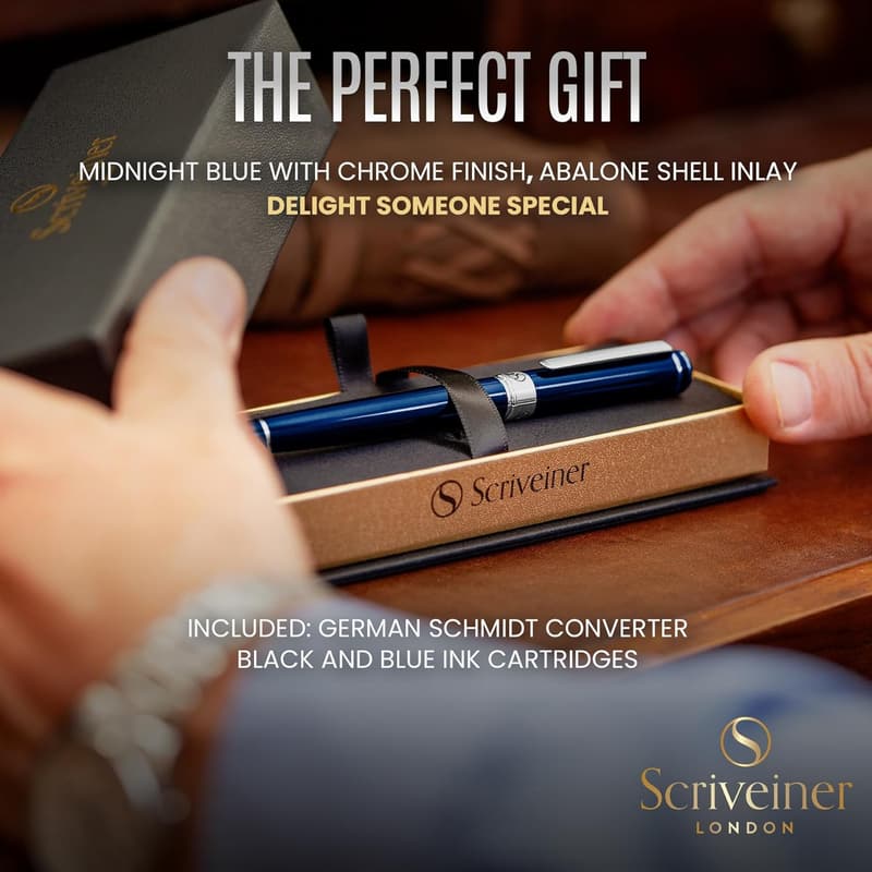 Luxury Midnight Blue Fountain Pen - Chrome Schmidt Nib Gift for Professionals