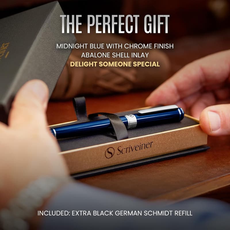 Midnight Blue Luxury Rollerball Pen - Chrome Finish, Schmidt Ink