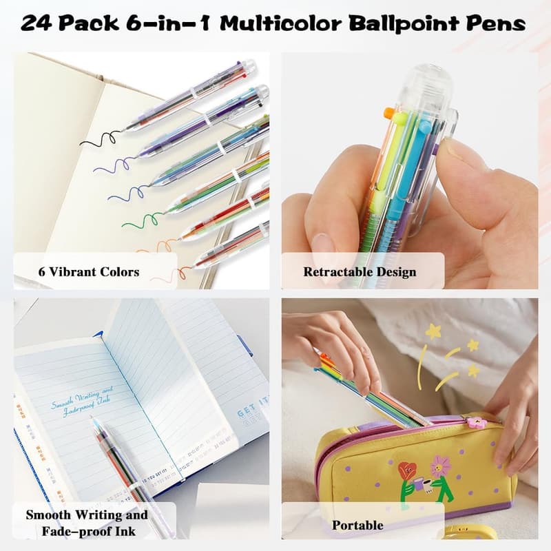 24-Pack Multicolor 0.5mm Retractable Pens for Kids