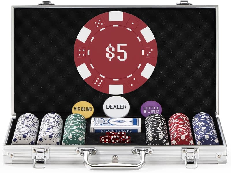 Poker Chip Set with 300 Numbered Chips, 2 Decks, and Case