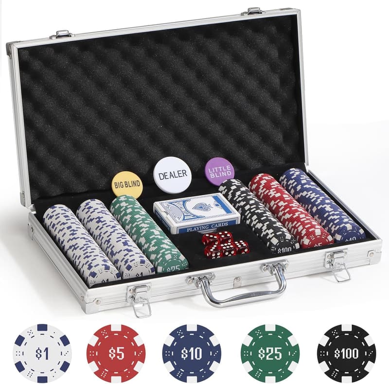 Poker Chip Set with 300 Numbered Chips, 2 Decks, and Case