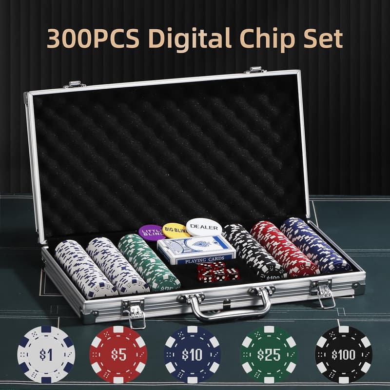 Poker Chip Set with 300 Numbered Chips, 2 Decks, and Case
