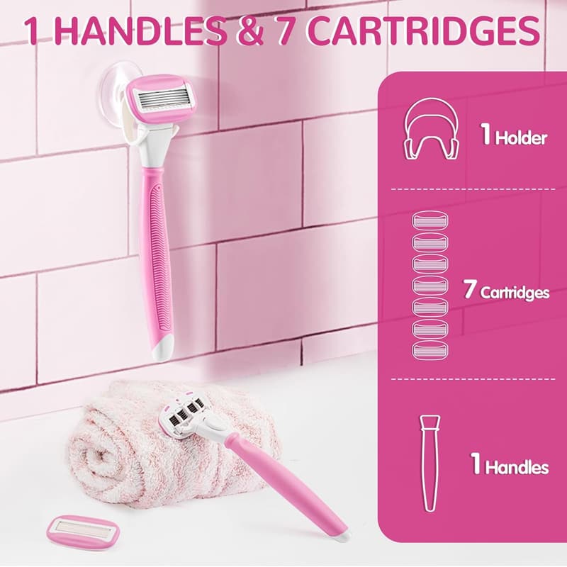 Women's Razors Set with 7 Blade Refills & Shower Holder, Pink